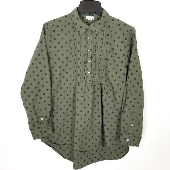 Sundance Women Lively Days Tunic Shirt Sz M Olive Polka Dot Pintuck Popover - Picture 1 of 9